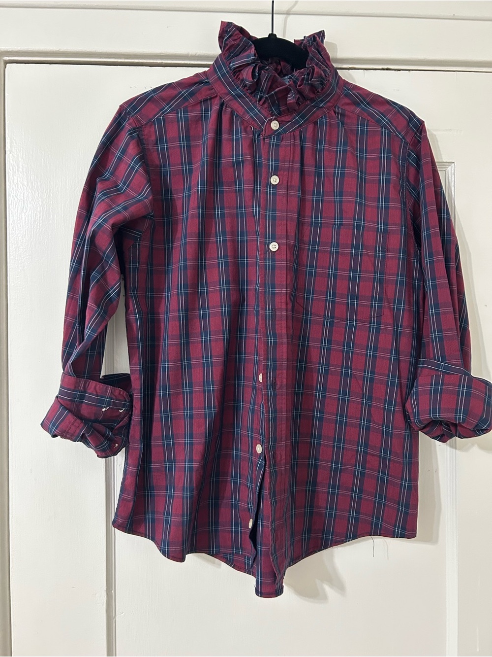 KMJ Burgundy Plaid Ruffle Collar Shirt - Medium